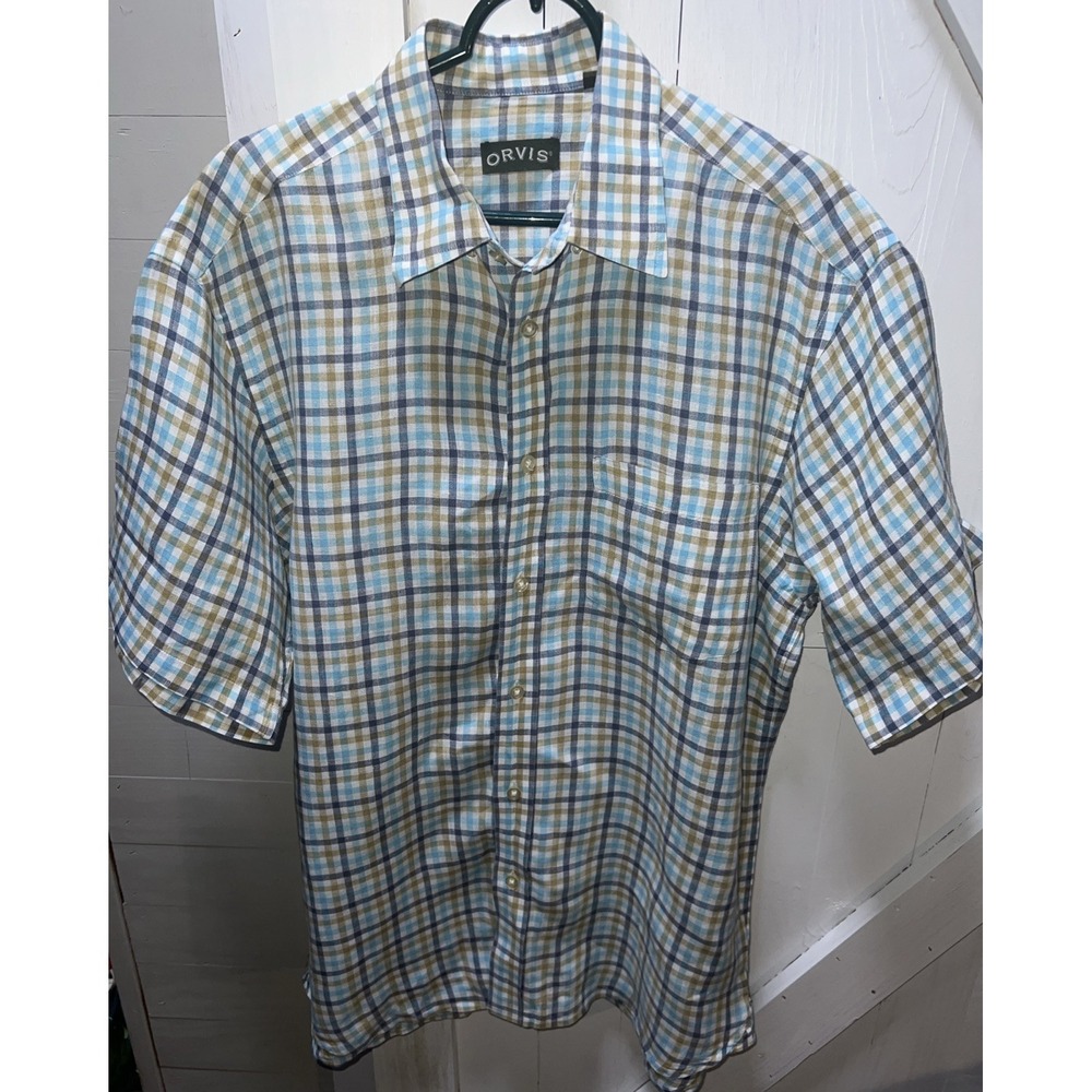 Orvis Men's Large Linen Short Sleeve Button Up Shirt Blue Beige Plaid